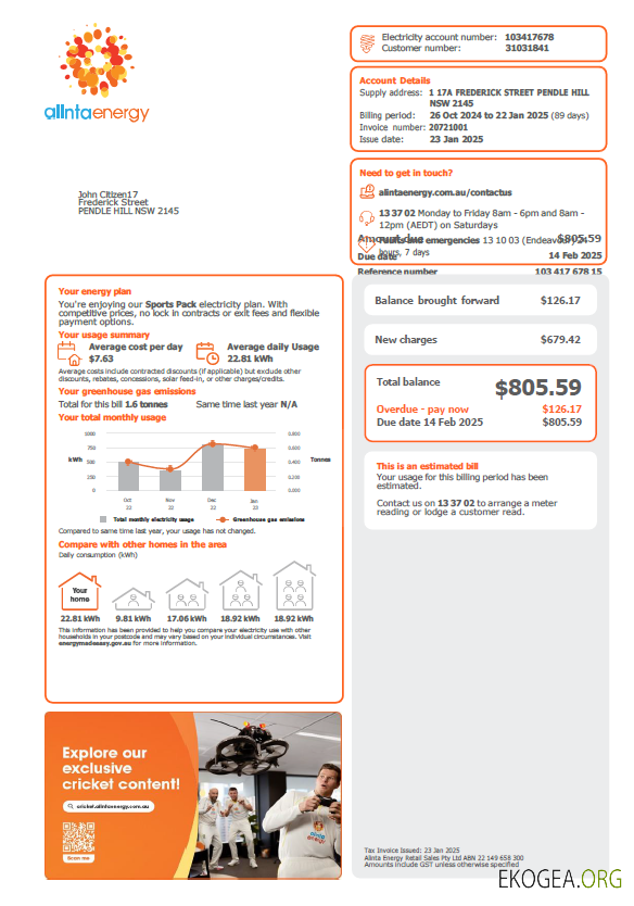 Australia Alinta Energy utility bill template in Word and PDF formats, version 2